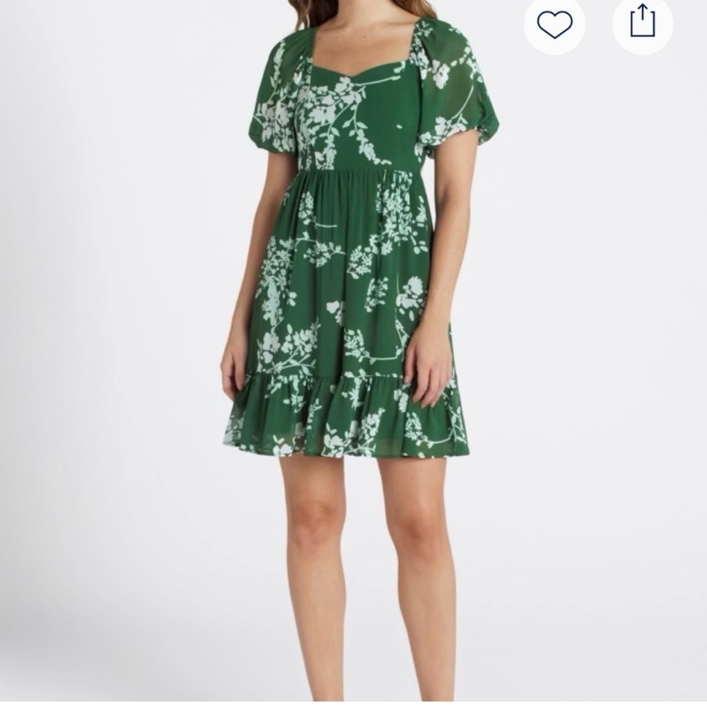 41 Hawthorn Green and White Floral Mini Dress with Puff Sleeves NWT